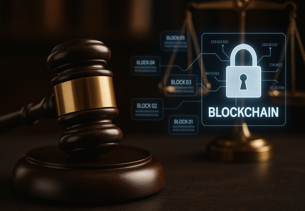 Judge evaluating blockchain smart contract evidence in court
